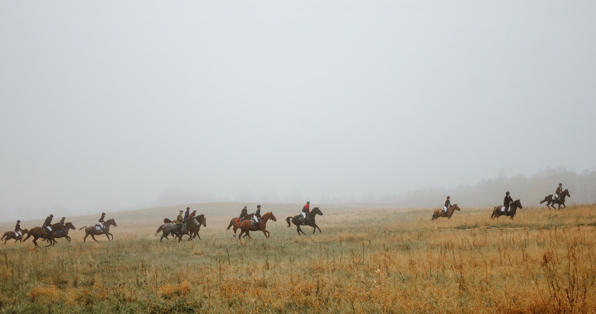 Galop grupy jeźdźców przez jesienną łąkę